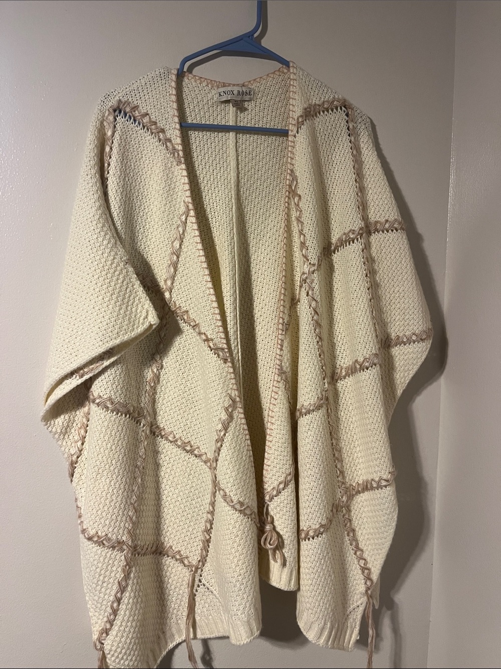 Knox Rose Cream Knit Open Poncho with Tan Trim and Tassels